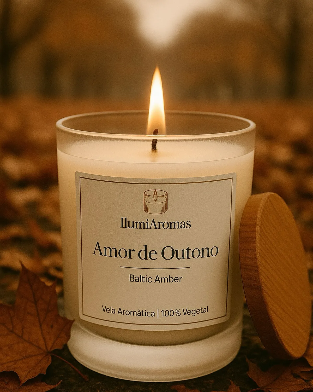 Vela IlumiAromas Amor de Outono acesa, rótulo creme com tampa de bambu ao lado, sobre folhas de outono