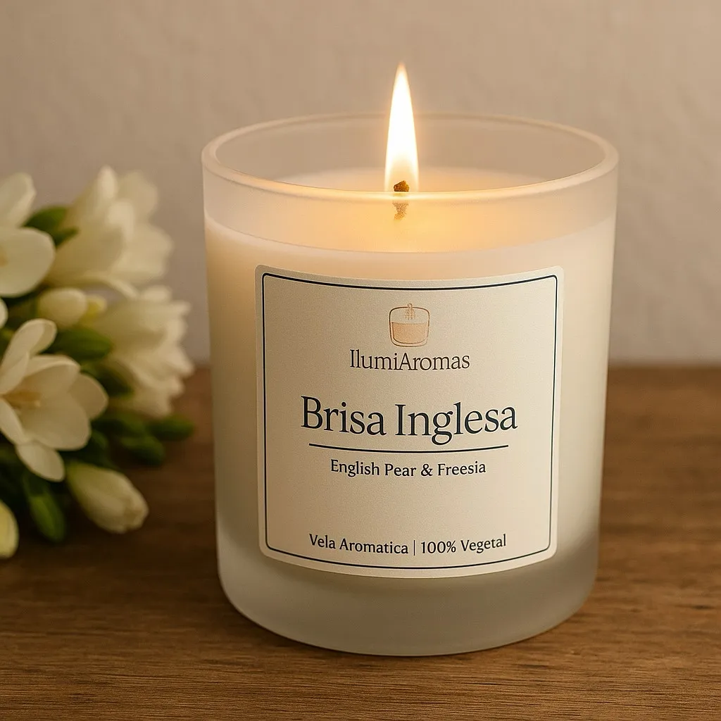 Vela IlumiAromas Brisa Inglesa, aroma English Pear e Freesia, acesa ao lado de flores