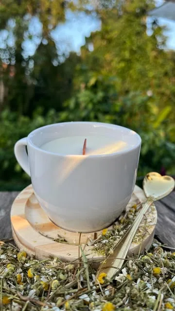 Vela de camomila em xícara de porcelana branca sobre pires de bambu com flores de camomila