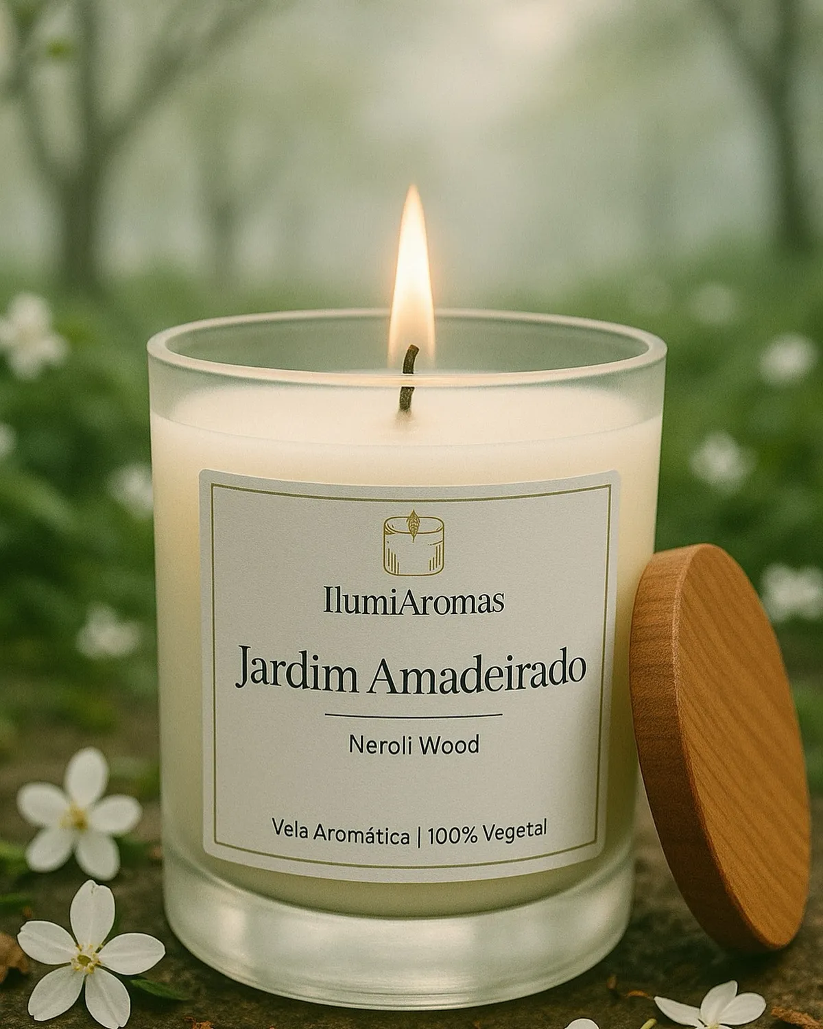Vela IlumiAromas Jardim Amadeirado, aroma Neroli Wood, acesa entre flores brancas