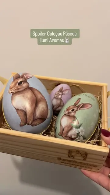 Ovos decorados com coelhos em caixa de madeira, spoiler da coleção de Páscoa IlumiAromas