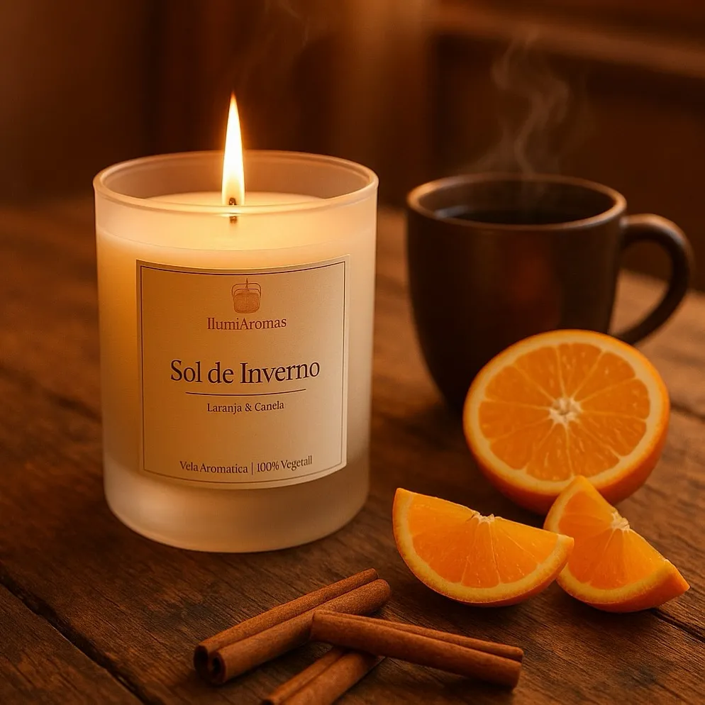 Vela IlumiAromas Sol de Inverno, aroma Laranja e Canela, ao lado de laranjas e canela em pau
